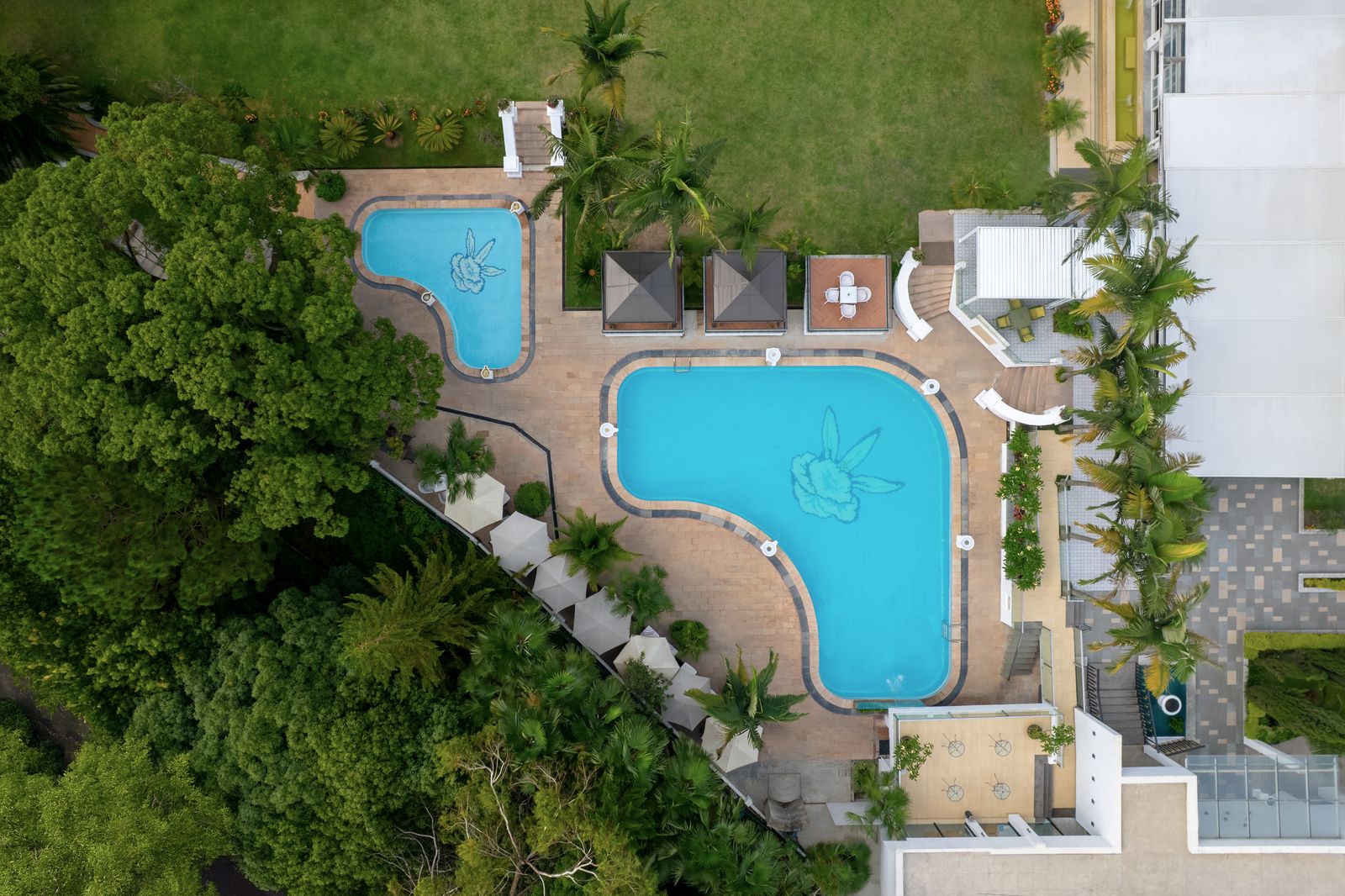 Aerial view of Hotel Himalaya outdoor swimming pool and surrounding greenery